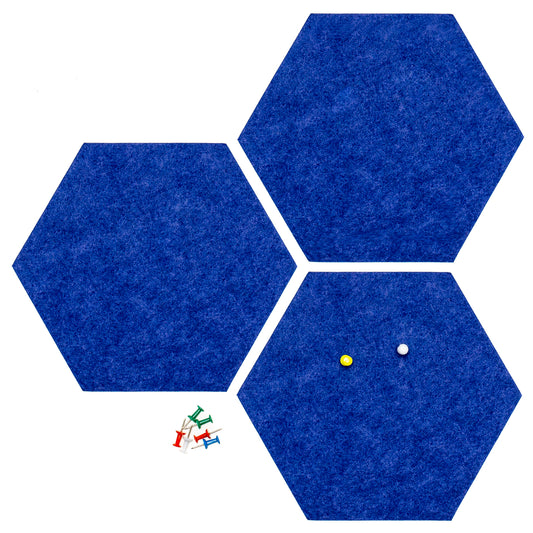 Zelfklevend Vilten Prikbord | Set van 3 Stuks incl. 8 Punaises | Memobord | Wandbord | Wanddecoratie | Hexagon | 1 stuk = 19 x 22 x 1 cm | Blauw