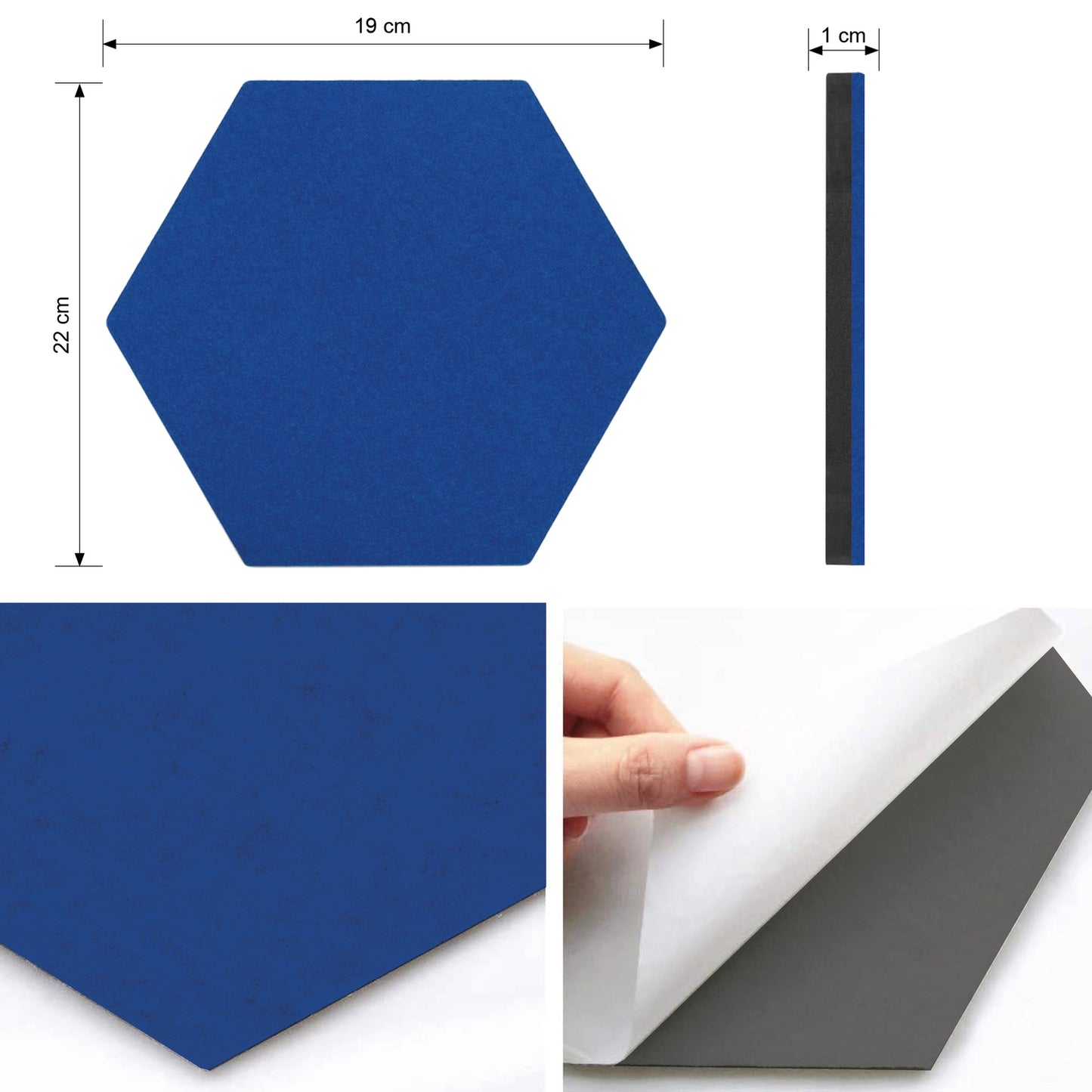 Zelfklevend vilten prikbord (set van 3) - Hexagon/blauw