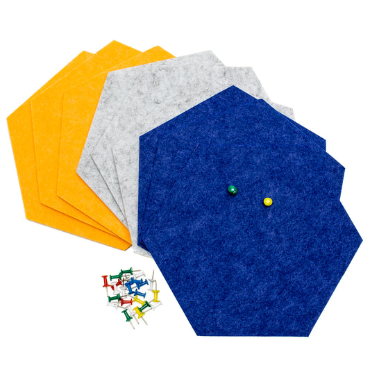 Zelfklevend Vilten Prikbord | Set van 9 Stuks incl. 24 Punaises | Memobord | Wandbord | Wanddecoratie | Hexagon | 1 stuk = 19 x 22 x 1 cm | Blauw Geel Grijs