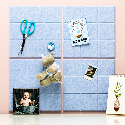 Zelfklevend Vilten Prikbord | Set van 4 Stuks incl. 20 Punaises | Memobord | Wandbord | Wanddecoratie |Vierkant| 1 stuk = 30 x 30 x 1 cm | Blauw