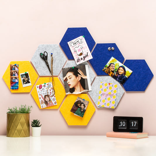 Zelfklevend Vilten Prikbord | Set van 9 Stuks incl. 24 Punaises | Memobord | Wandbord | Wanddecoratie | Hexagon | 1 stuk = 19 x 22 x 1 cm | Blauw Geel Grijs
