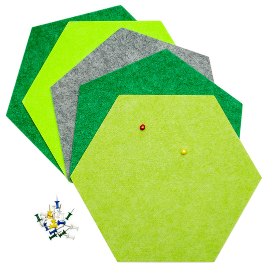 Zelfklevend Vilten Prikbord | Set van 5 Stuks incl. 20 Punaises | Memobord | Wandbord | Wanddecoratie | Hexagon | 1 stuk = 26 x 30 x 1 cm | Groen